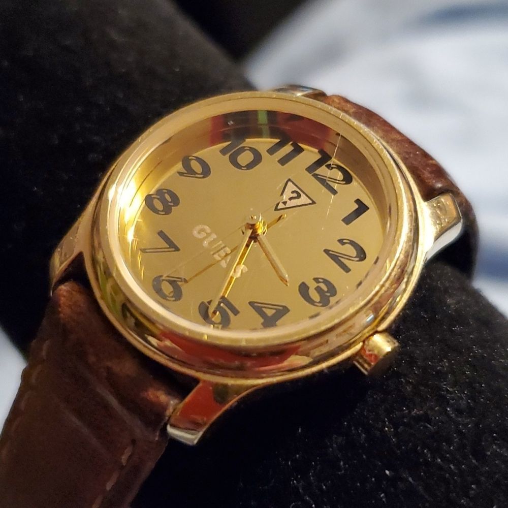Vintage 1996 Guess Women's Analog Watch Gold Color Brown Leather